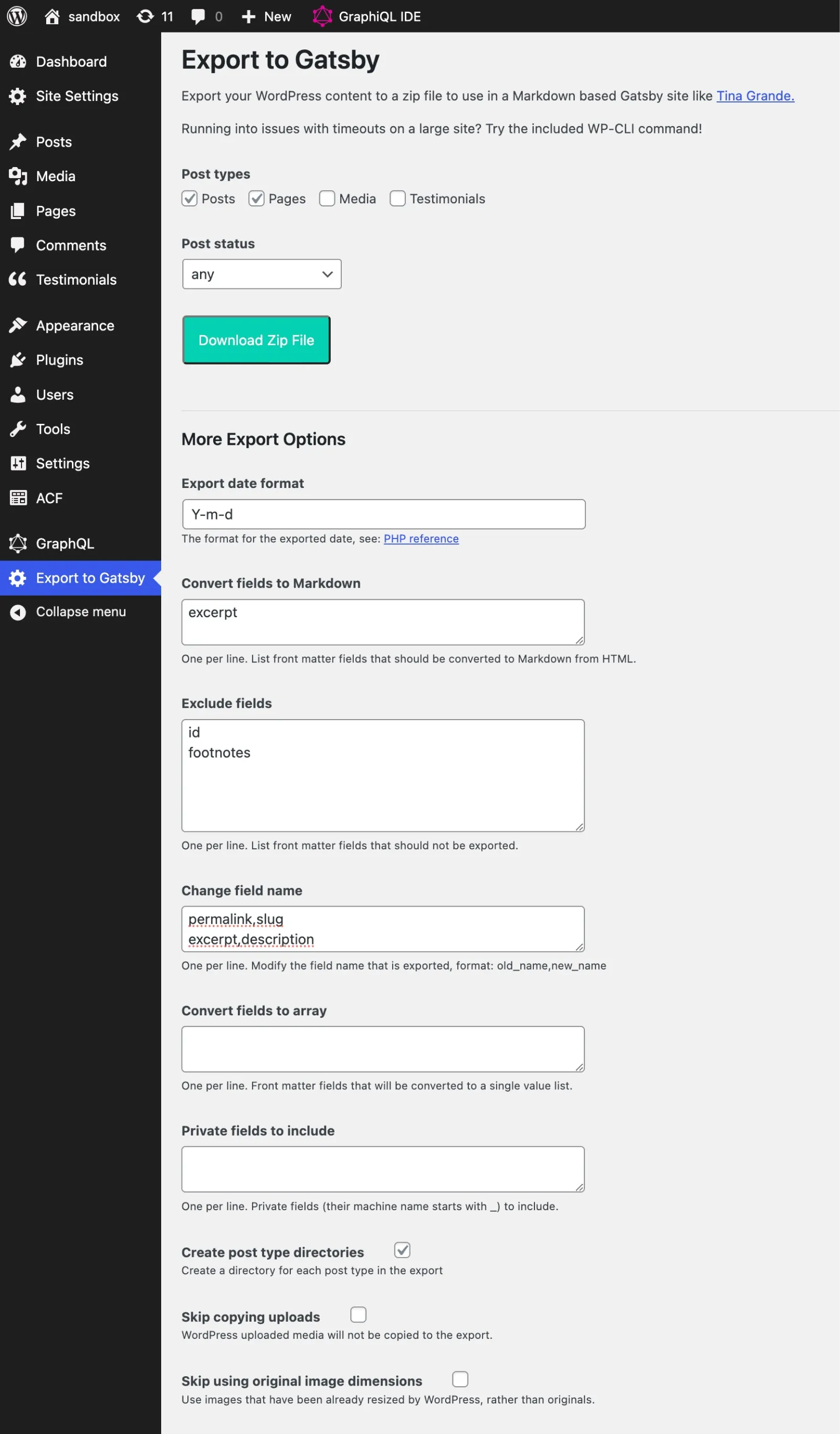 Screenshot of export settings