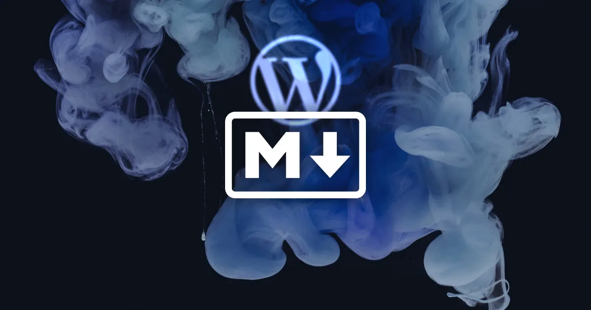 Markdown logo in front of a blurry Wordpress logo over a smokey background